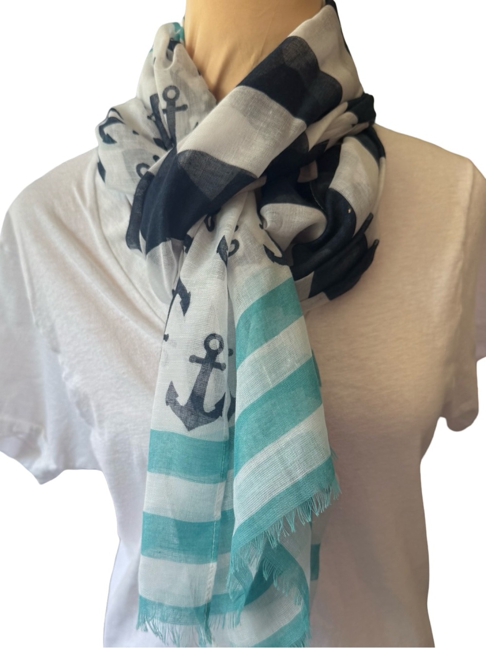 Nautical Scarf Long Anchors Stripes Fringe Pashmina Summer Anchors